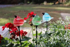Set Of 3 Glass Birds 18" H Stakes - Blue, Green, Red